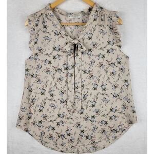 Bohemian Sz M Top Sleeveless Beige Floral Pullover Neck Tie Cottagecore Summer